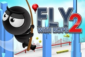 En tegneseriefigur i svart svinger seg i et tau mellom høyhus med en bro og en luftballong i bakgrunnen, og teksten Fly with Rope 2 vises