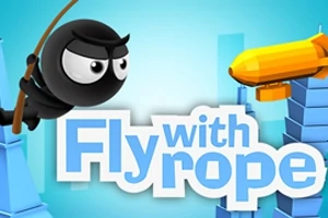 En tegnet figur svinger seg i et tau mot en stor, oransje luftballong med teksten Fly with rope i blått og hvitt