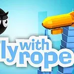 En tegnet figur svinger seg i et tau mot en stor, oransje luftballong med teksten Fly with rope i blått og hvitt