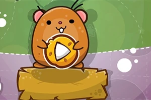 En tegnet hamster holder en ostebit mens den står på en trestubbe med bakgrunn av grønne og lilla nyanser
