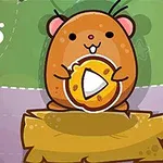 En tegnet hamster holder en ostebit mens den står på en trestubbe med bakgrunn av grønne og lilla nyanser