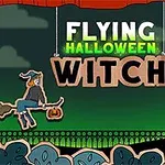 En tegneserieheks flyr på en sopelime under teksten Flying Halloween Witch, med en flaggermus, katt og gravstøtte i bakgrunnen