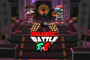 To figurer står på en konsertscene med høyttalere i bakgrunnen, omgitt av lys og gir et inntrykk av en musikkbattle