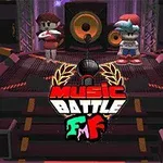 To figurer står på en konsertscene med høyttalere i bakgrunnen, omgitt av lys og gir et inntrykk av en musikkbattle
