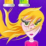 Tegneseriefigur med langt blondt hår og grønne øyne mot en lilla bakgrunn med prøveglass