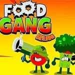 Tegneserieinspirerte frukt- og grønnsaksfigurer med våpen mot en gul bakgrunn
