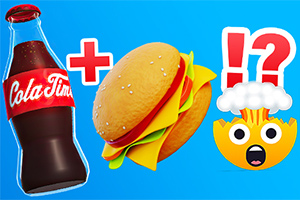 Colaflaske og hamburger med et hode-eksploderende emoji på blå bakgrunn