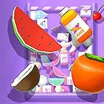 Seksjoner av vannmelon, kokosnøtt, en appelsinjuiceflaske, kirsebær og en appelsin på en lilla bakgrunn