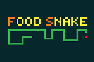 Teksten FOOD SNAKE i blokkbokstaver med en pikselert grønn slange under og en rød prikk på mørk bakgrunn