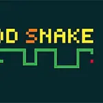 Teksten FOOD SNAKE i blokkbokstaver med en pikselert grønn slange under og en rød prikk på mørk bakgrunn
