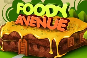 Tegneseriebilde av en bygning formet som en kake med smeltet glasur, og teksten Foody Avenue i fargerike bokstaver på toppen