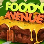 Tegneseriebilde av en bygning formet som en kake med smeltet glasur, og teksten Foody Avenue i fargerike bokstaver på toppen