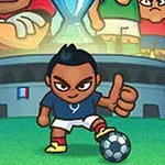 Tegnet figur i fotballdrakt poserer med tommelen opp foran en stadion, med flere andre figurer i bakgrunnen