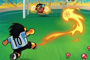 En tegneseriefigur med draktnummer 10 skyter en brennende fotball mot mål, mens en målvakt forbereder seg på å redde ballen