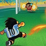 En tegneseriefigur med draktnummer 10 skyter en brennende fotball mot mål, mens en målvakt forbereder seg på å redde ballen