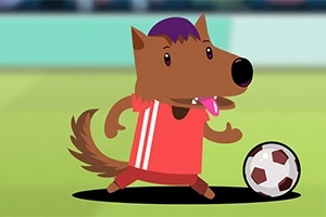 Tegnet hund i rød drakt som spiller fotball