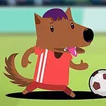 Tegnet hund i rød drakt som spiller fotball