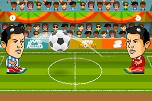 To animerte fotballspillere med store hoder på en bane, omgitt av publikum og bannere i bakgrunnen
