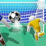 To figurer spiller fotball foran et mål, med en ball på vei mot nettet