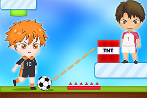 To anime-lignende figurer står på en fargerik plattform med en fotball og en TNT-boks imellom dem