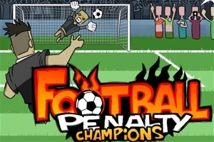 Tegneseriefigur som spiller fotball og tar straffespark, med en målvakt som prøver å redde ballen foran et publikum