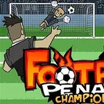 Tegneseriefigur som spiller fotball og tar straffespark, med en målvakt som prøver å redde ballen foran et publikum