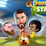 Illustrasjon av tre karikerte fotballspillere i aksjon på en stadion, med en brennende fotball