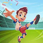 En animert gutt skyter en fotball på en stadion, med konfetti i luften