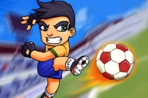 Tegnet karakter i fotballdrakt sparker en fotball med stadion i bakgrunnen