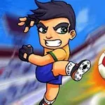 Tegnet karakter i fotballdrakt sparker en fotball med stadion i bakgrunnen
