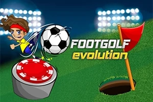 En tegneseriefigur med fotball sparket mot et hull på en bane, med teksten Footgolf Evolution