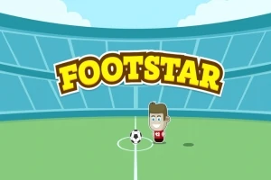 En tegneseriefigur i fotballdrakt står med en fotball midt på en grønn fotballbane, med teksten Footstar i store gule bokstaver over