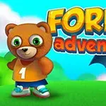 En tegnet brun bjørn med et oransje skjorte med tallet én, og en blå, luftig skapning i en grønn skog, med teksten Forest Adventure i bakgrunnen