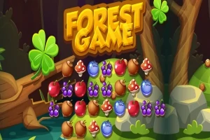 Fargerik skogtema bakgrunn med ordet Forest Game, omgitt av grønne kløverblader, ulike frukter og sopp