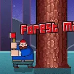 En tegnet tømmerhugger med rød lue og blå jakke står ved siden av et tre med teksten Forest Man over