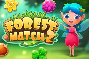 Tegningen viser en fargerik alv med blått hår og rosa kjole ved siden av teksten Forest Match 2, omgitt av blomster, bær og grønne blader