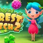 Tegningen viser en fargerik alv med blått hår og rosa kjole ved siden av teksten Forest Match 2, omgitt av blomster, bær og grønne blader