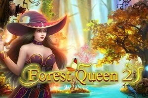En kvinne med hatt i en fargerik, eventyrlig skog med tekst Forest Queen 2