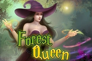 En kvinne med en stor heksehatt står i en mystisk skogsmiljø med fargerike magiske effekter rundt henne, og teksten Forest Queen vises i forgrunnen