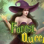 En kvinne med en stor heksehatt står i en mystisk skogsmiljø med fargerike magiske effekter rundt henne, og teksten Forest Queen vises i forgrunnen