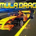 En fargerik racerbil med flammer kjører raskt på en motorvei, med teksten FORMULA DRAG øverst