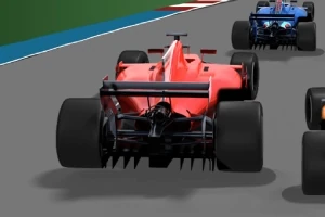 Røde, blå og svarte racingbiler på en asfaltert racerbane