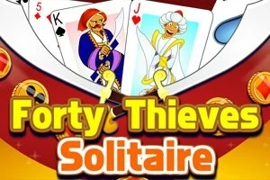 To spillekort med figurer mot en bakgrunn av røde og gule elementer med dekorative mynter rundt, og teksten Forty Thieves Solitaire i fokus