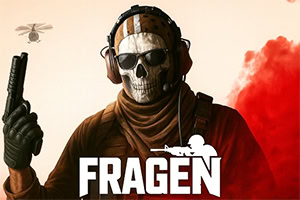 Maskert soldat med hodeskallemaske, headset og pistol foran rød røyk og teksten «FRAGEN»