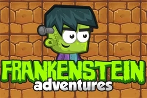 Tegneseriestil Frankenstein-lignende figur med grønn hud og bolter i hodet foran mursteinbakgrunn, med teksten Frankenstein adventures