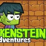 Tegneseriestil Frankenstein-lignende figur med grønn hud og bolter i hodet foran mursteinbakgrunn, med teksten Frankenstein adventures
