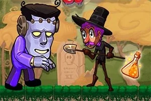 En tegneseriefigur i lilla dress stirrer på en mann med lilla skjegg og hatt som holder en spade og oransje flaske, i en tegneserieaktig landskap