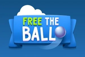 En blå plakat med teksten Free the Ball og en lilla ball på høyre side, foran en hvit sky