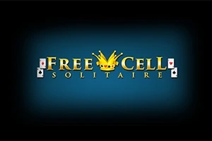 Logo med teksten FreeCell Solitaire i gult med en krone i midten, omgitt av spillekort på en blå bakgrunn
