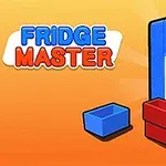 Blått kjøleskap med åpen dør, røde og blå oppbevaringsbokser foran, på en oransje bakgrunn med teksten Fridge Master